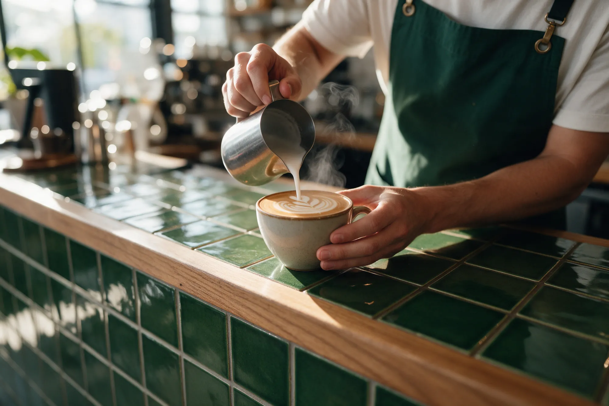 Barista pouring latte art at a green tiled coffee bar