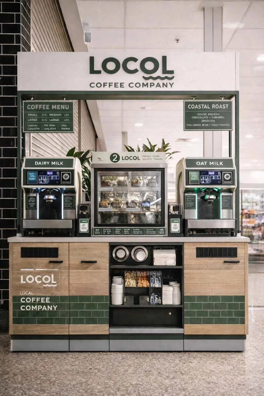 The Locol Coffee Company kiosk with dairy and oat milk machines