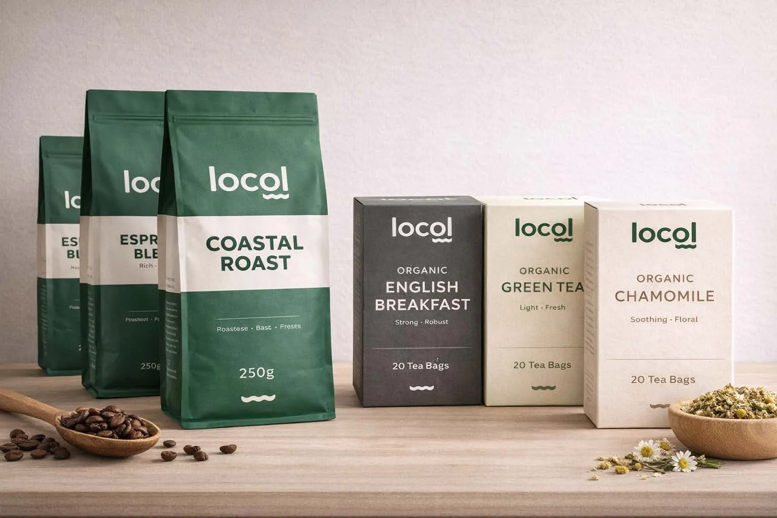 Locol Coastal Roast coffee bags and organic teas
