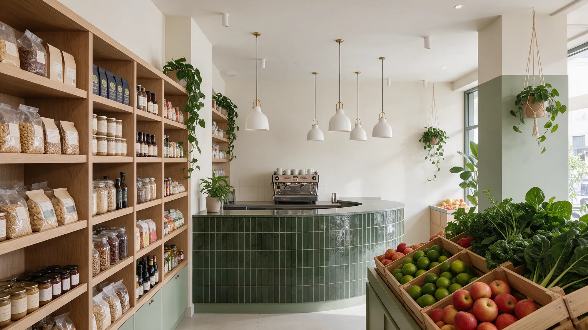 Inside a locol: timber shelves of pantry goods, a green tiled coffee counter and fresh produce