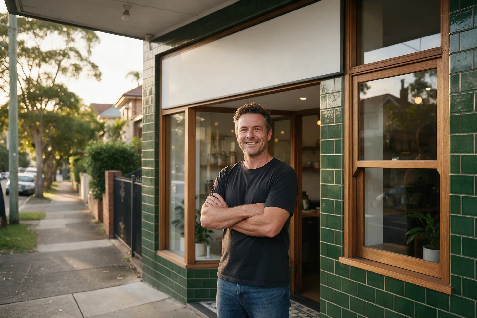 A proud store owner outside a newly converted locol