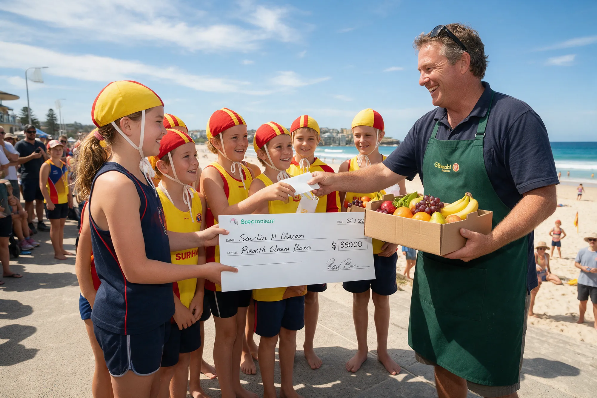 Junior surf club kids receiving sponsorship from a locol store owner