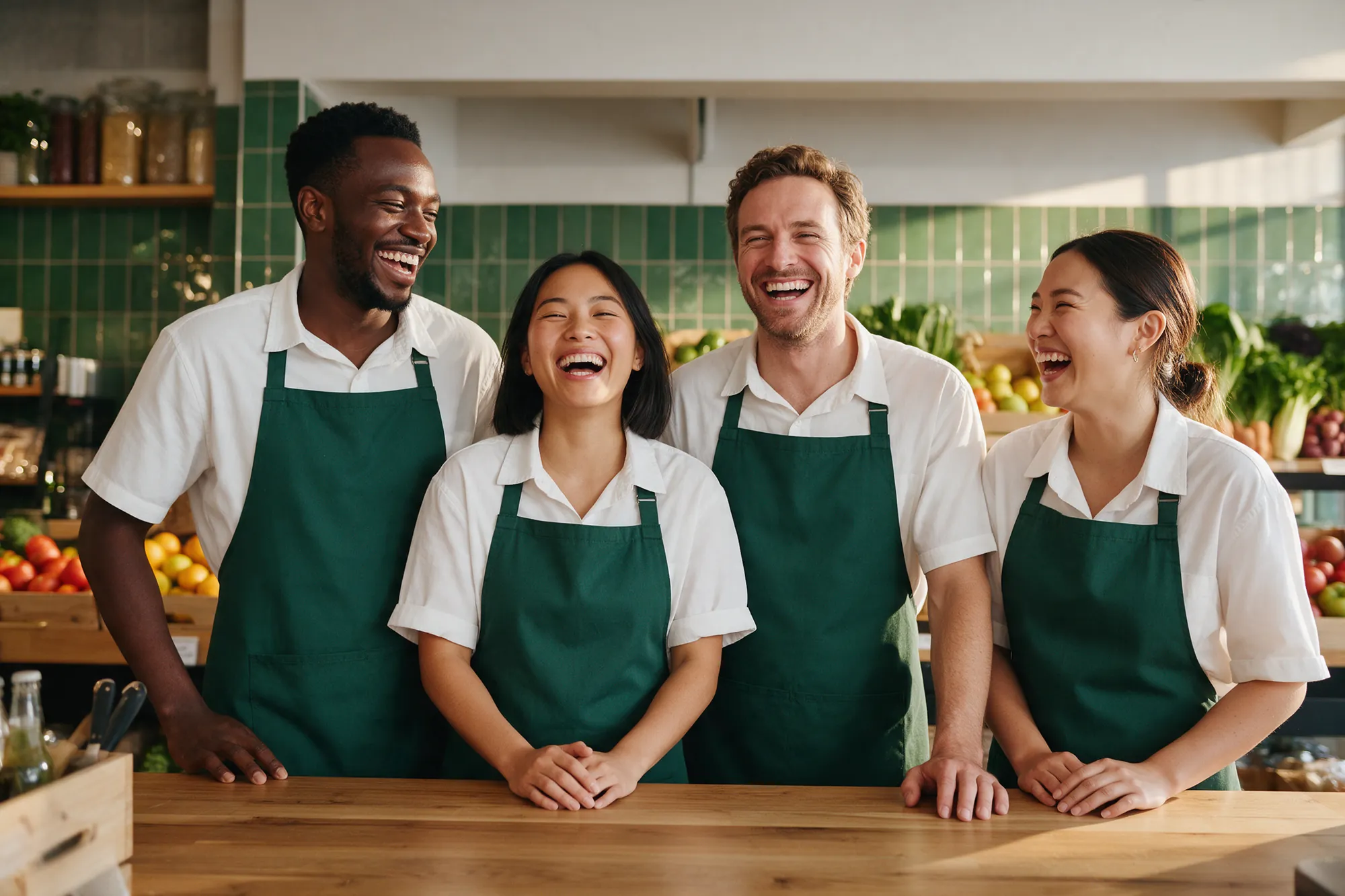 The locol store team laughing behind the counter